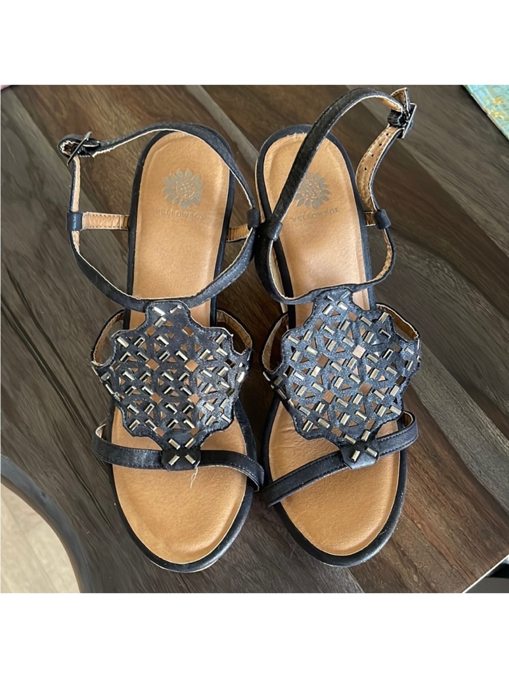 Yellow Box Black Cutout Leather Sandals with Tan Footbed